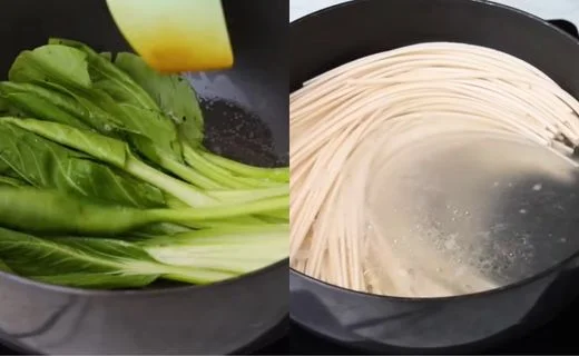 Add Tomatoes and Greens & Cook the Noodles