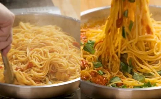 Finish the pasta in the sauce & Add basil and serve